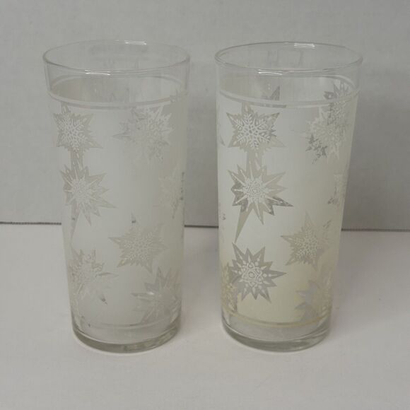 Federal Glass White Satin Frost Snowflake Starburst Highball Glasses PAIR(2) VTG - Picture 4 of 11